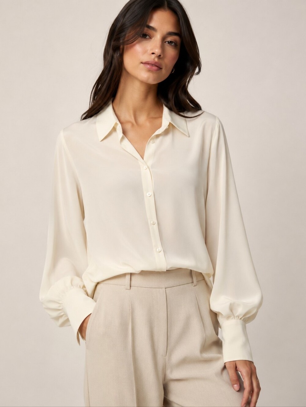 451.Alexis 100% Silk Ivory Elegant Button Down Blouse Quit Luxury